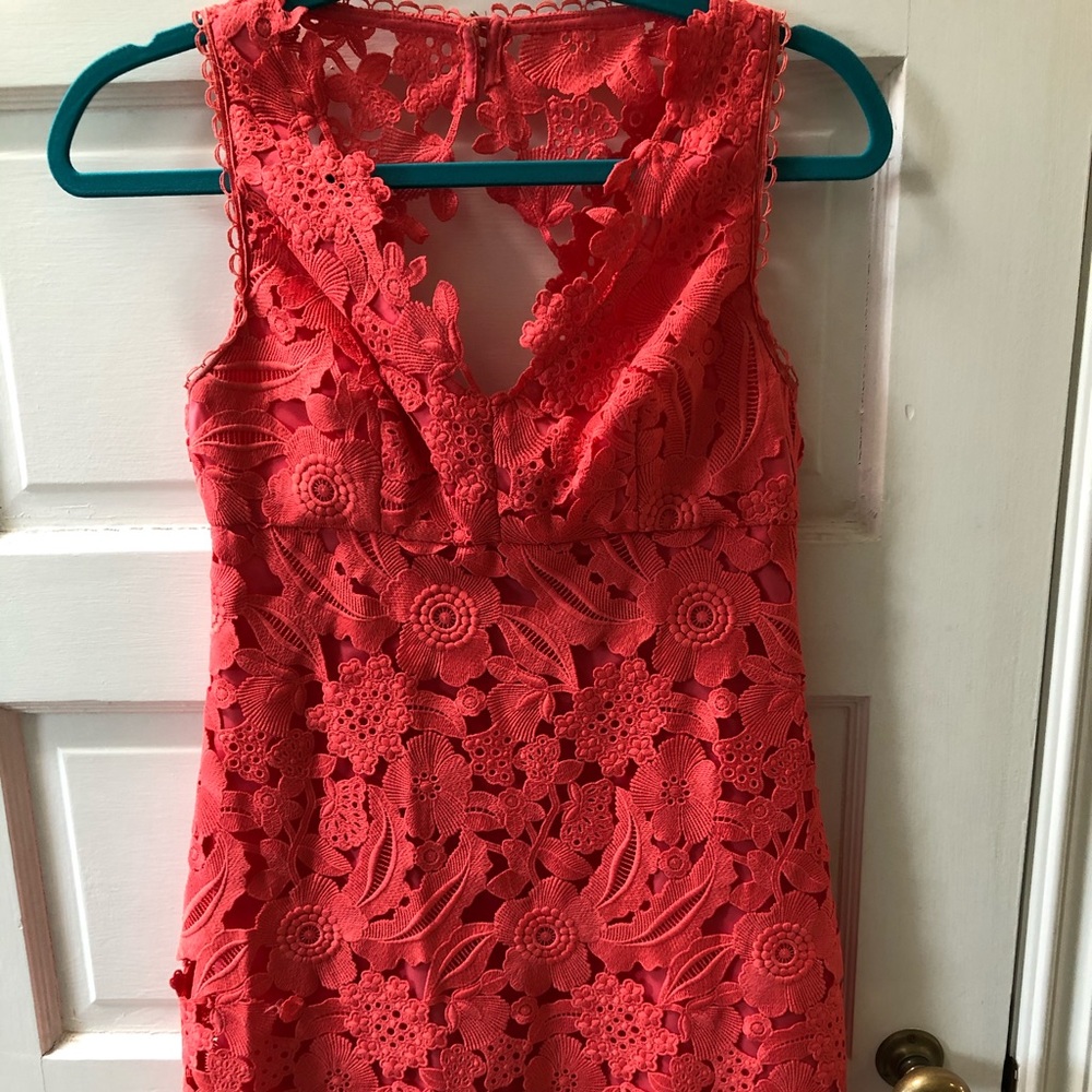 TRINA TURK Lace Overlay Cocktail Dress, Coral Size XS.